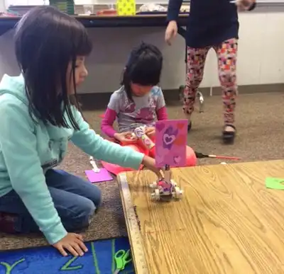 Students working on balloon powered car